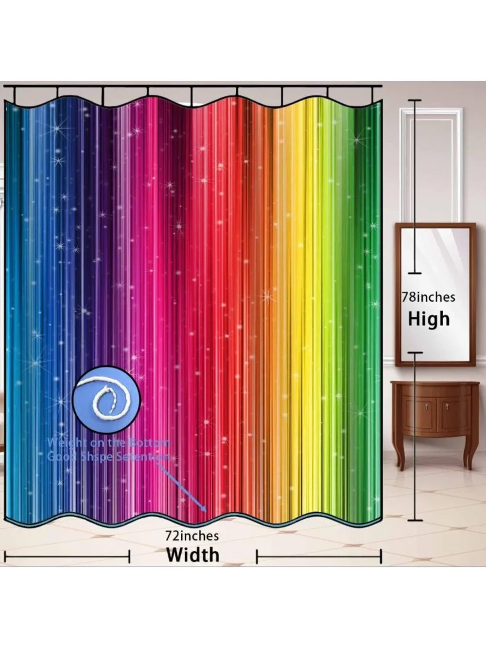 Vibrant Rainbow Striped Shower Curtain, 72x78 Inch, Colorful Bathroom Decor